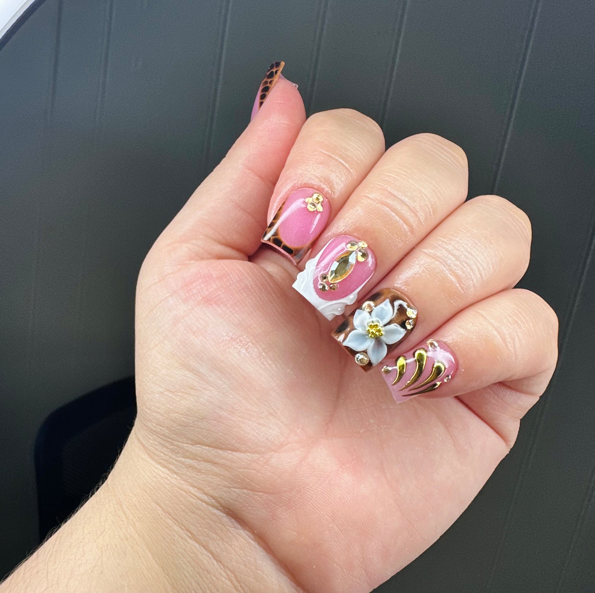 Brown French 3D Flower Press On Nails | Gold Details | Prep Included
