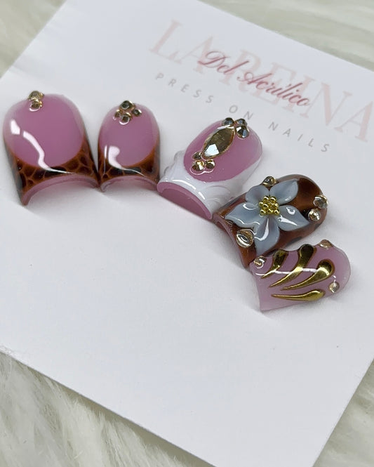 Brown French 3D Flower Press On Nails | Gold Details | Prep Included